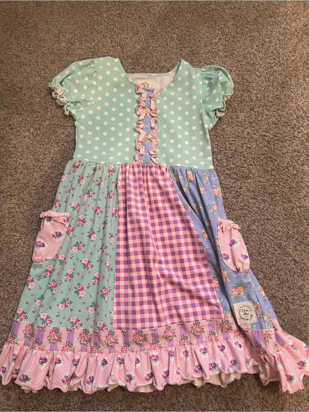 Olive Mae Girls' Mint & Pastel Patchwork Dress with Ruffles- size 7-8